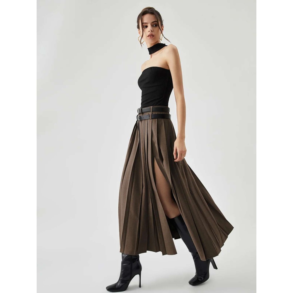 COMMENSE Brown Pleated Split Maxi Skirt High Waist Flowy Long Skirt Size M